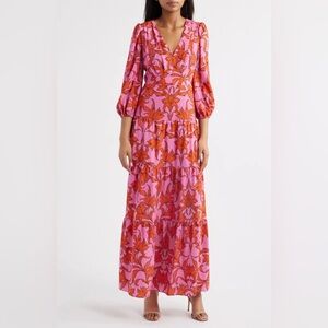 NWT Vince Camuto Sz 8 Pink Red Floral Tiered Maxi Dress V-Neck